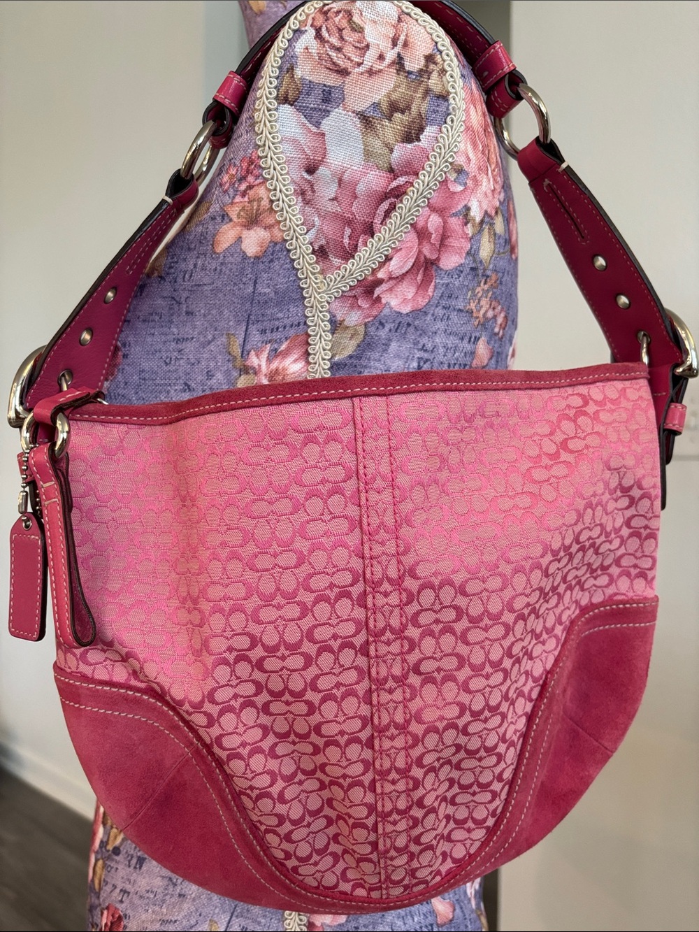 Coach Y2K Pink Signature Hobo Bag with Suede Trim